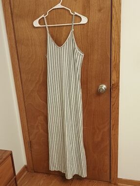 Striped V-Neck Maxi Slip Dress in Light Gray